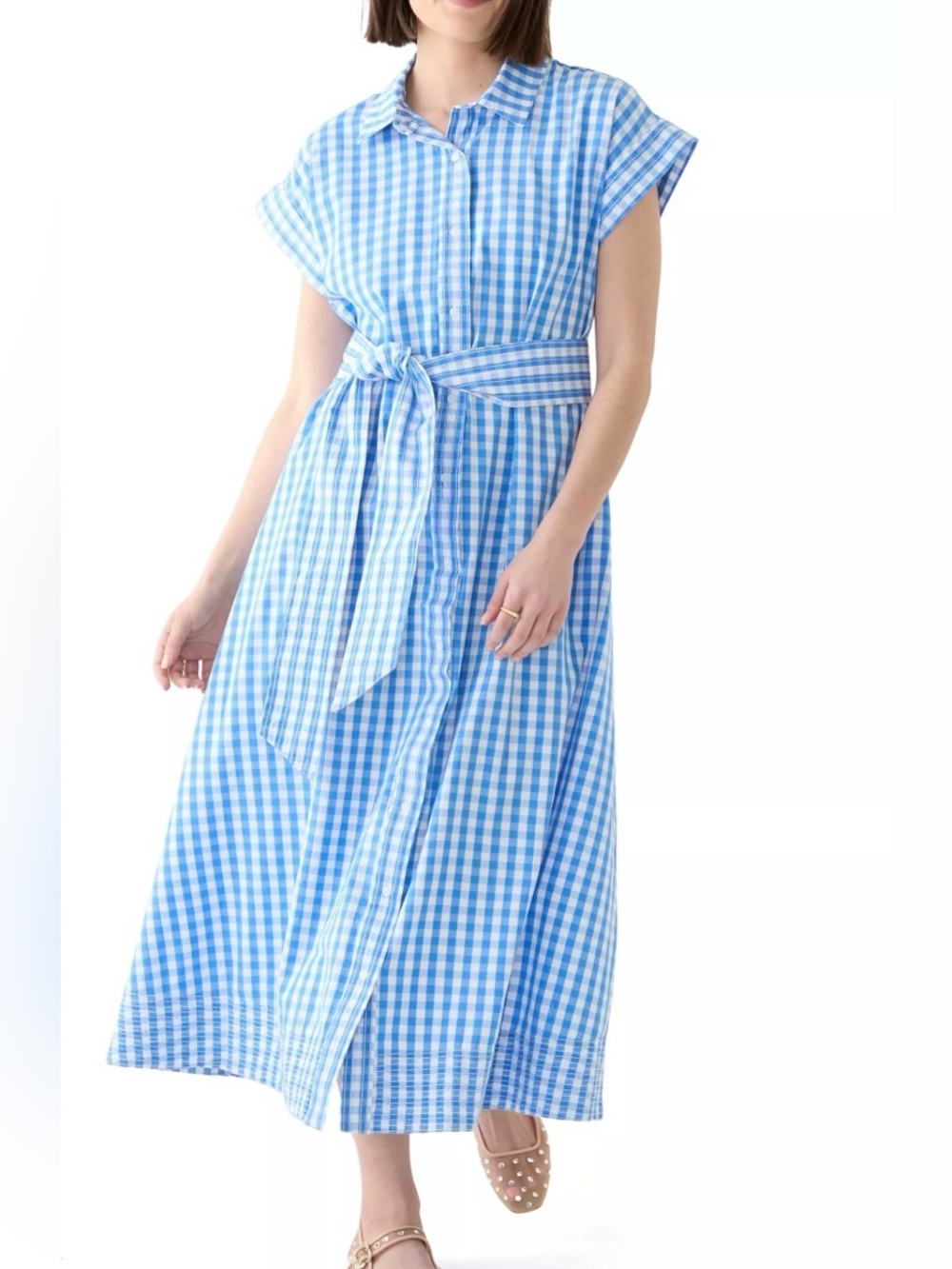 Crown & Ivy Gingham Maxi Shirt Dress XL Cotton Blue White Belted Short Sleeve